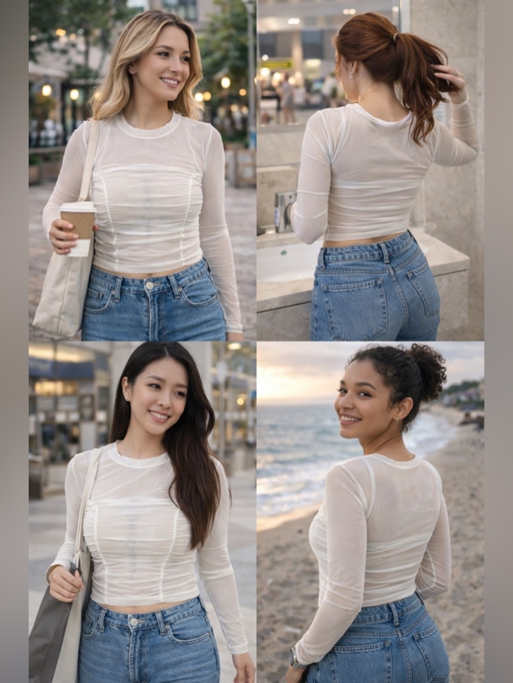 Elegant White Mesh Long Sleeve Top